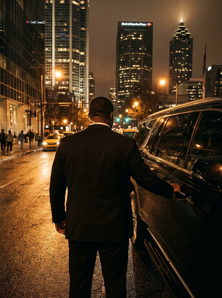 Close protection agent beside a blacked-out luxury SUV at night